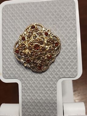 Gold-Tone Brown Crystal Floral Brooch - Women Jewelry